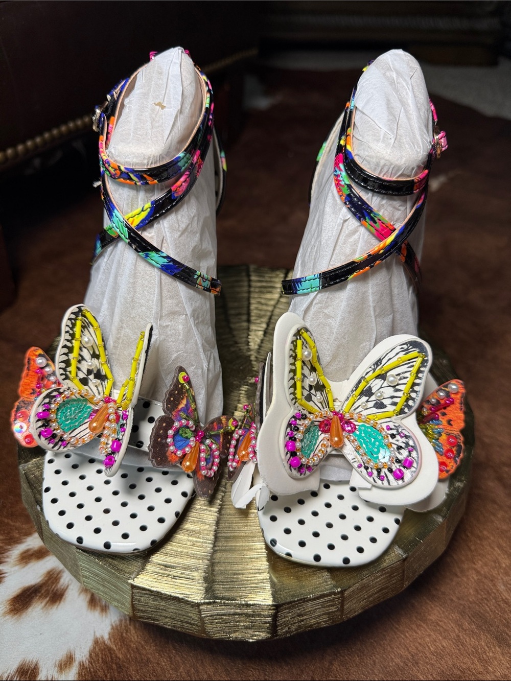 Betsey Johnson White Polka Dot Butterfly Ankle-Strap Heels